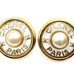 Chanel Rare Vintage Gold Plated CC Letter Pearl Clear Rim XXL Clip Earrings